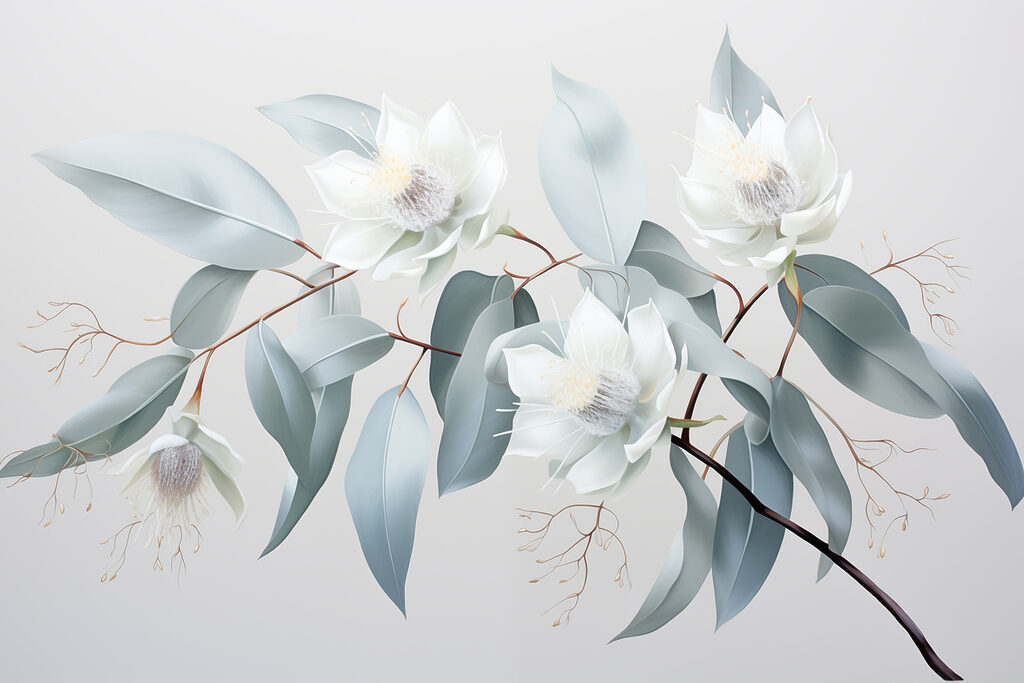 Witte bloemen en bladeren aan een tak Witte bloemen en bladeren aan een tak