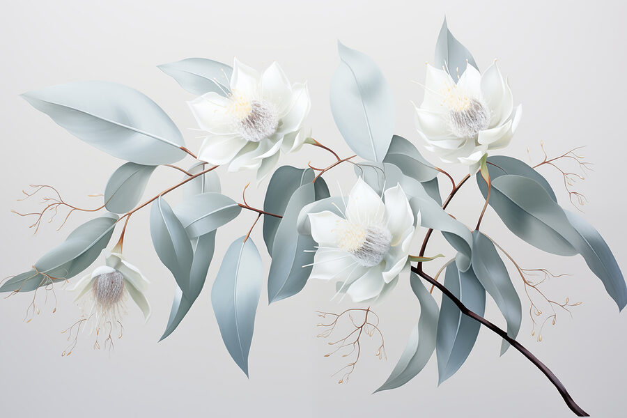 Witte bloemen en bladeren aan een tak Witte bloemen en bladeren aan een tak