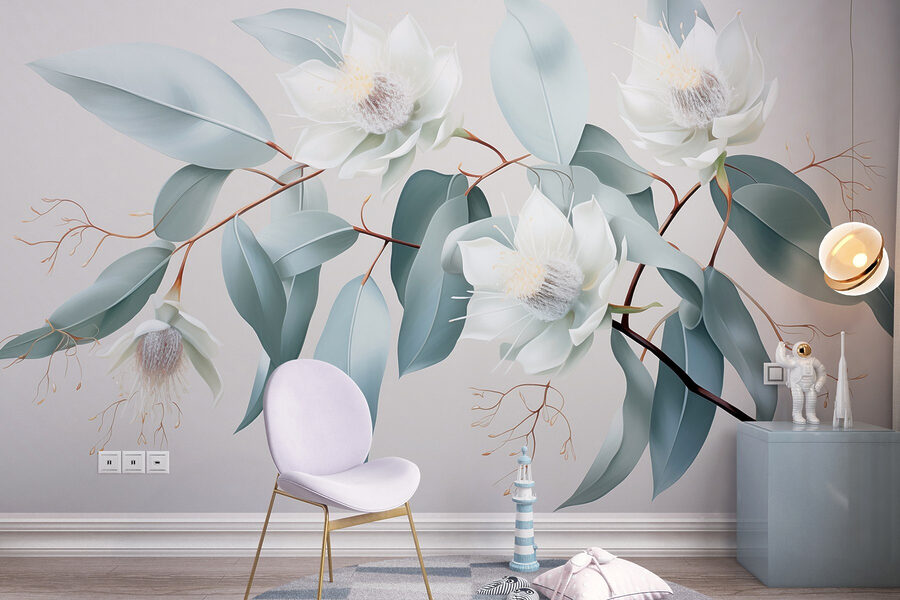 Witte bloemen en bladeren aan een tak Witte bloemen en bladeren aan een tak