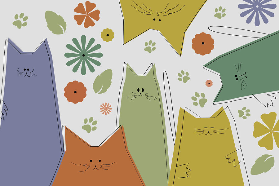 Groep katten met bloemen en bladeren