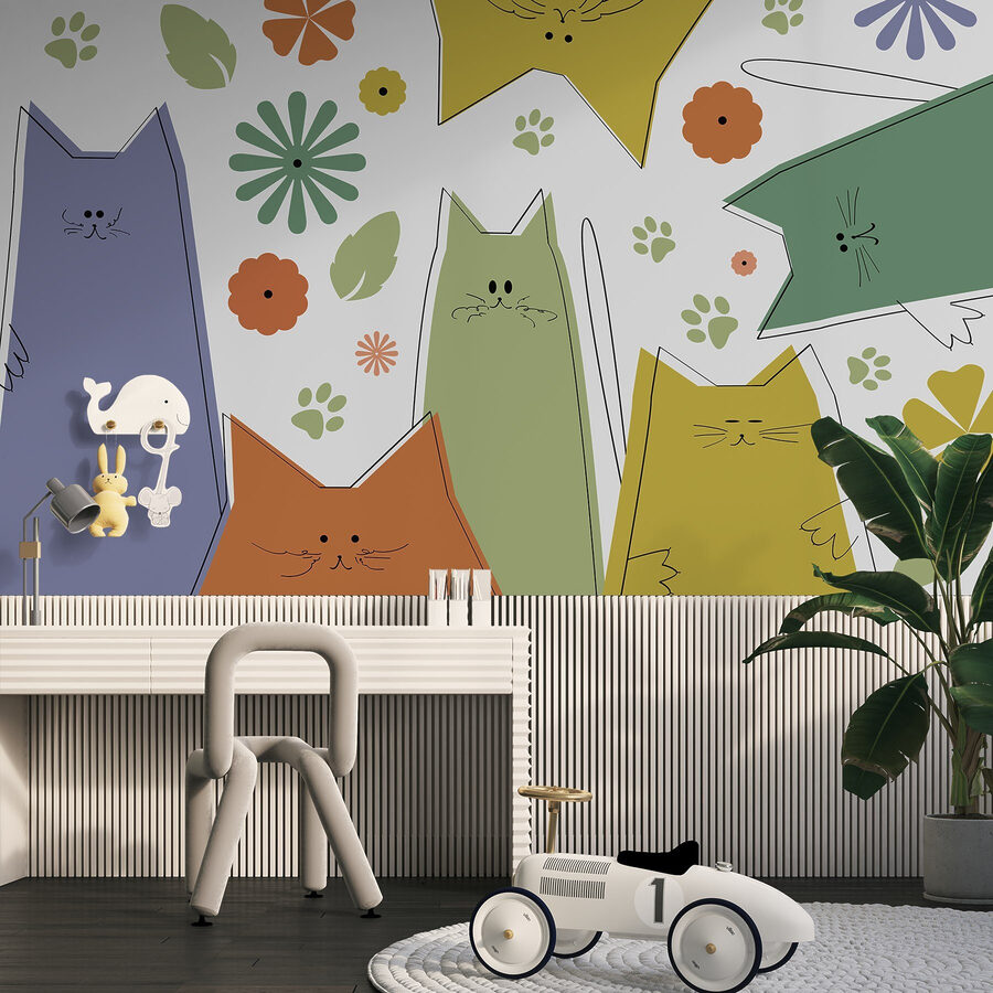 Groep katten met bloemen en bladeren