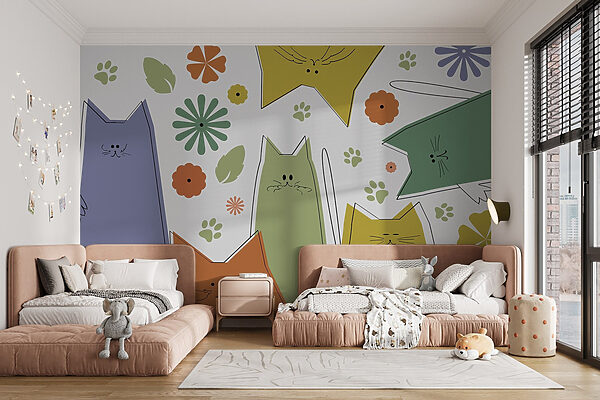 Groep katten met bloemen en bladeren Groep katten met bloemen en bladeren