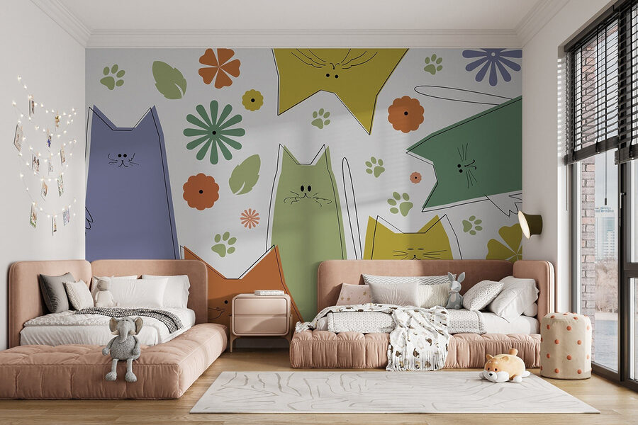 Groep katten met bloemen en bladeren