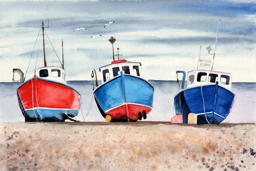 Aquarel van boten op een strand Aquarel van boten op een strand