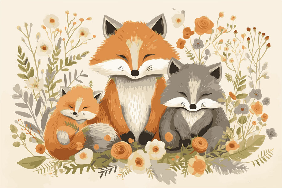 Vos en babyvos zitten in bloemen