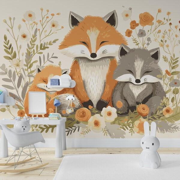 Vos en babyvos zitten in bloemen Vos en babyvos zitten in bloemen
