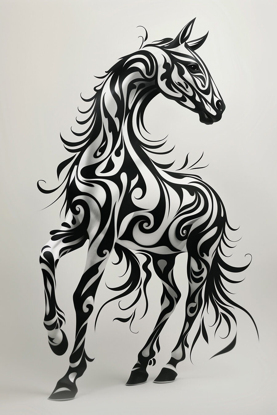 Zwart-wit paard met swirls