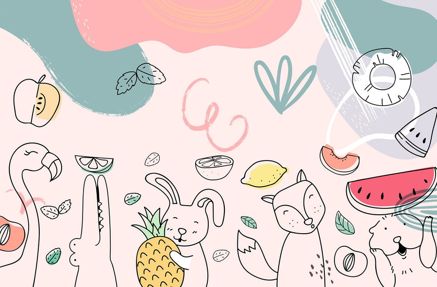 Beeldverhaal dieren die fruit vasthouden