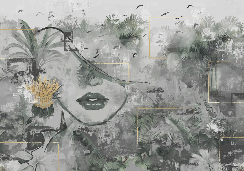 Schilderij van een vrouw’s gezicht en planten Schilderij van een vrouw’s gezicht en planten
