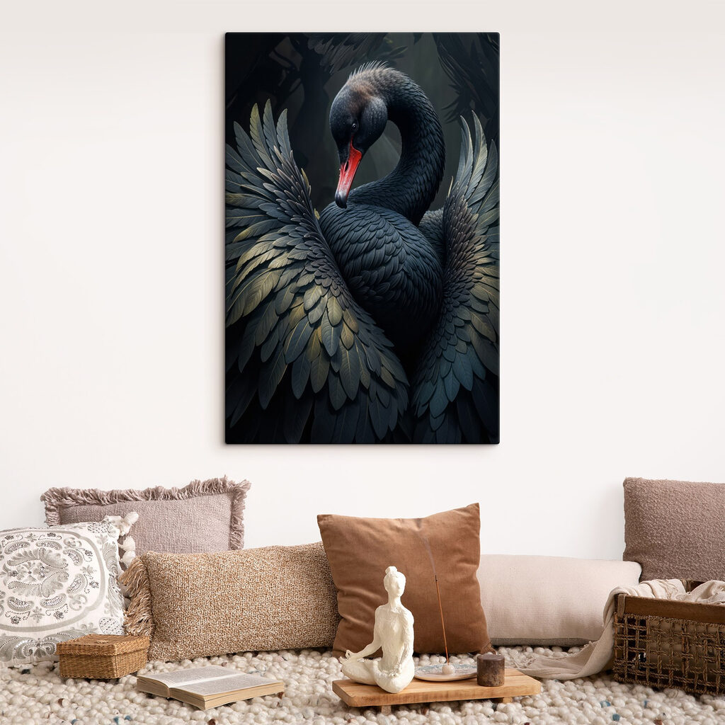 Black swan with a red beak