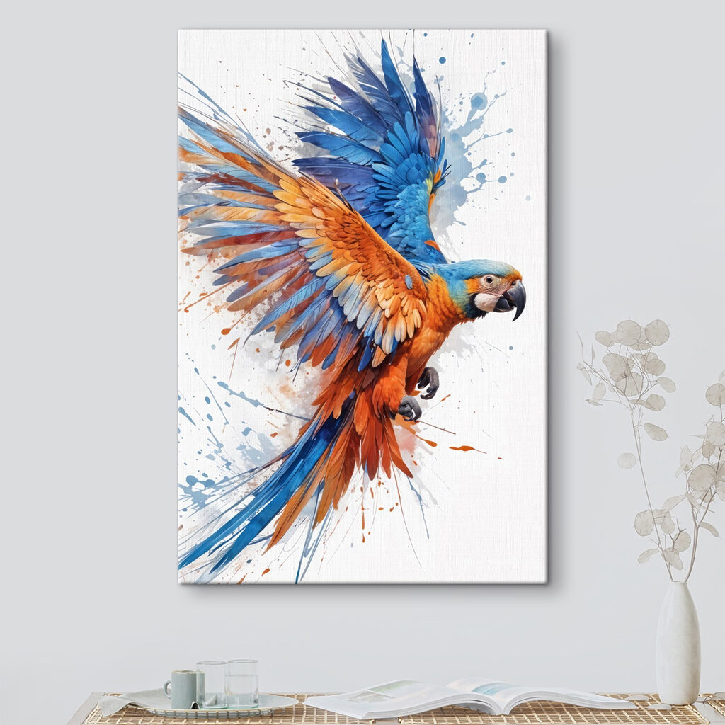 Colorful bird flying with paint splashes