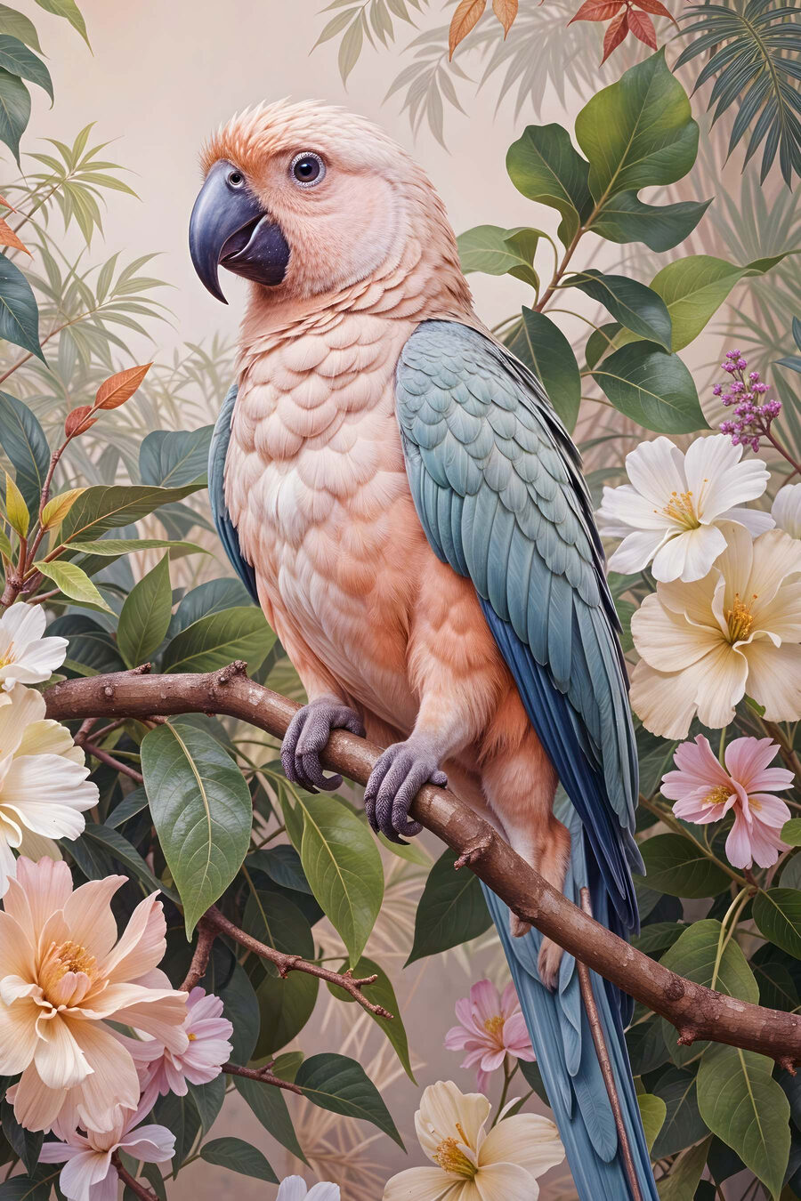 Vogel zittend op een tak met bloemen