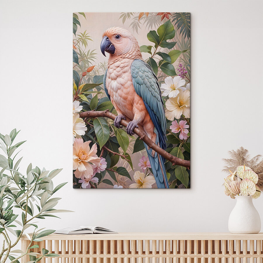 Vogel zittend op een tak met bloemen