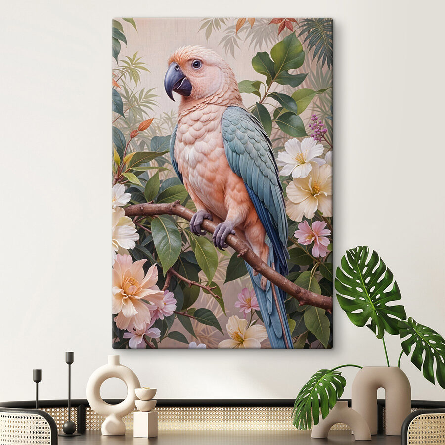 Vogel zittend op een tak met bloemen