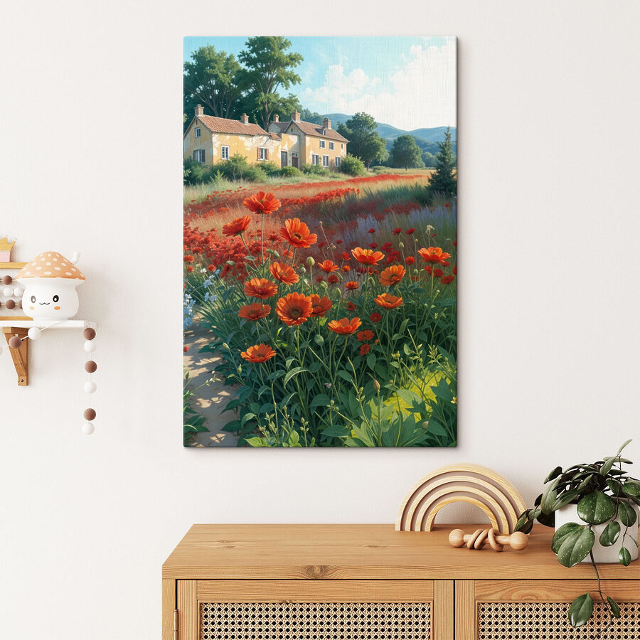 Bloemenveld met een huis op de achtergrond