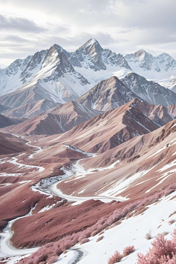 Besneeuwde bergen met een kronkelige weg Besneeuwde bergen met een kronkelige weg