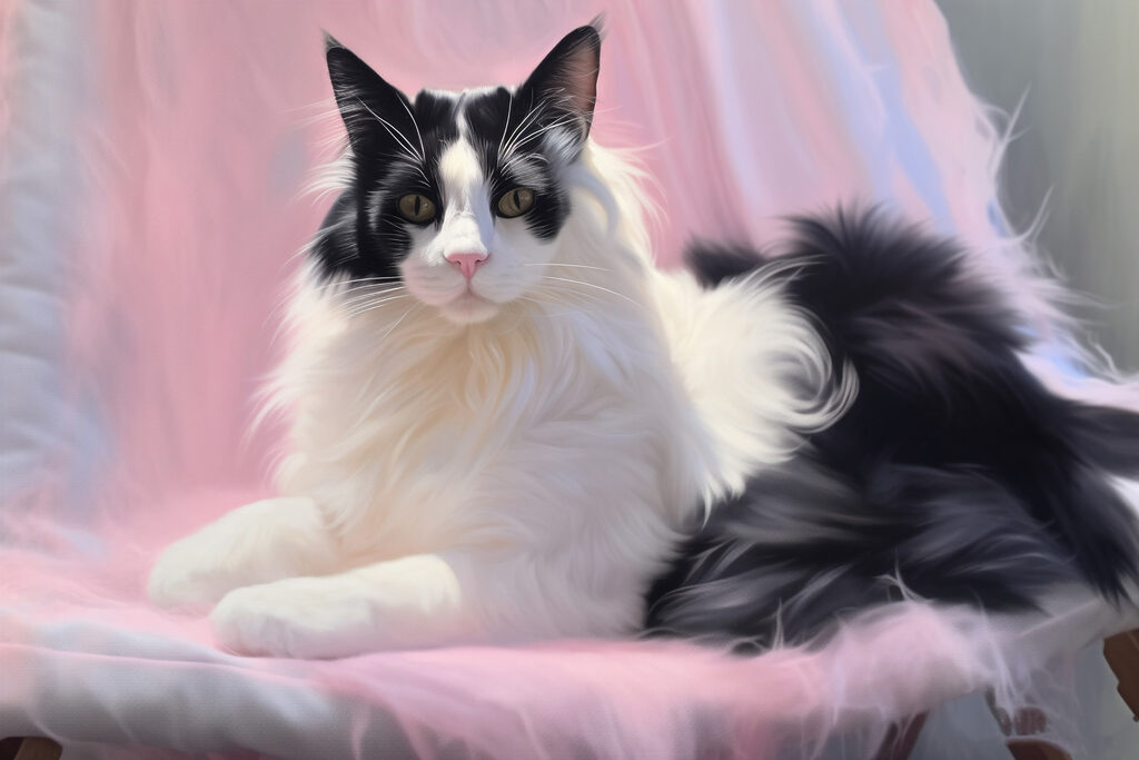 Black and white cat lying on a pink blanket Black and white cat lying on a pink blanket