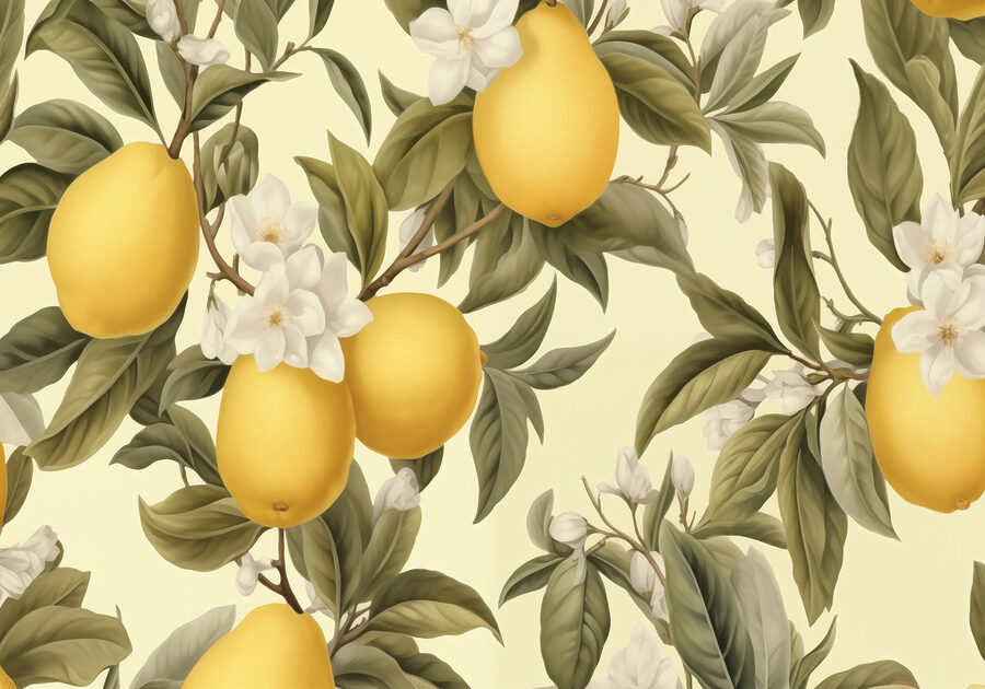 Behang met citroenen en bloemen