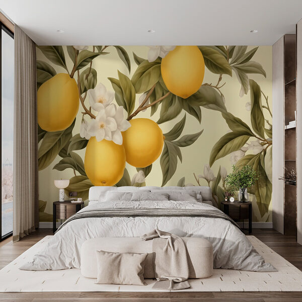 Behang met citroenen en bloemen Behang met citroenen en bloemen