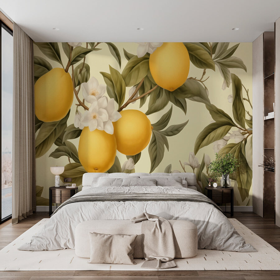 Behang met citroenen en bloemen