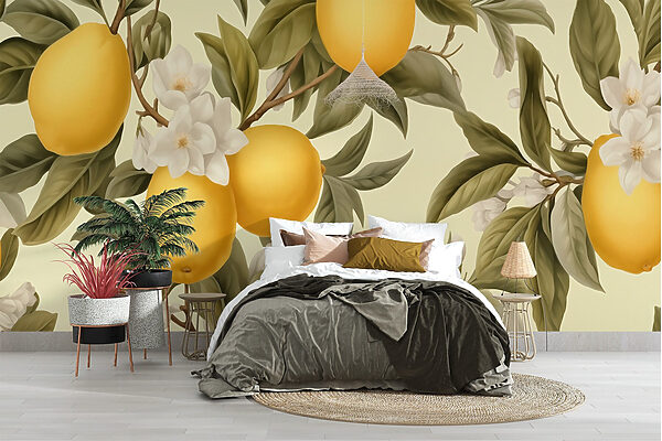 Behang met citroenen en bloemen Behang met citroenen en bloemen