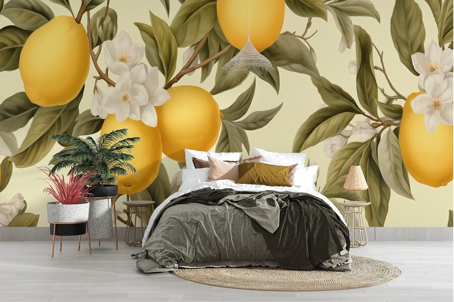 Behang met citroenen en bloemen