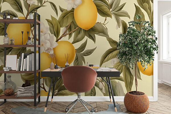 Behang met citroenen en bloemen Behang met citroenen en bloemen