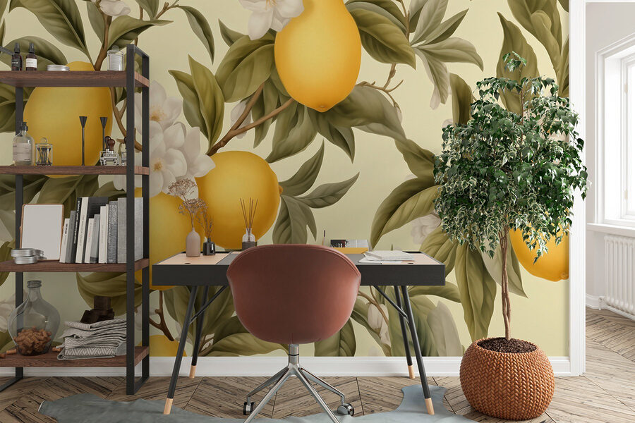 Behang met citroenen en bloemen