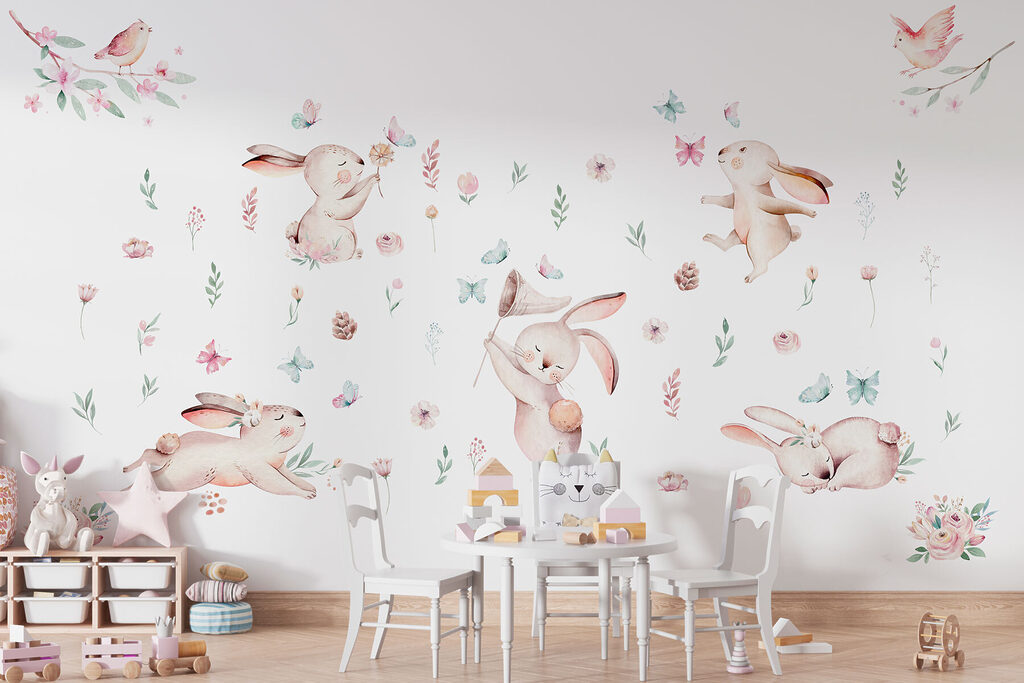 Group of rabbits with flowers and butterflies