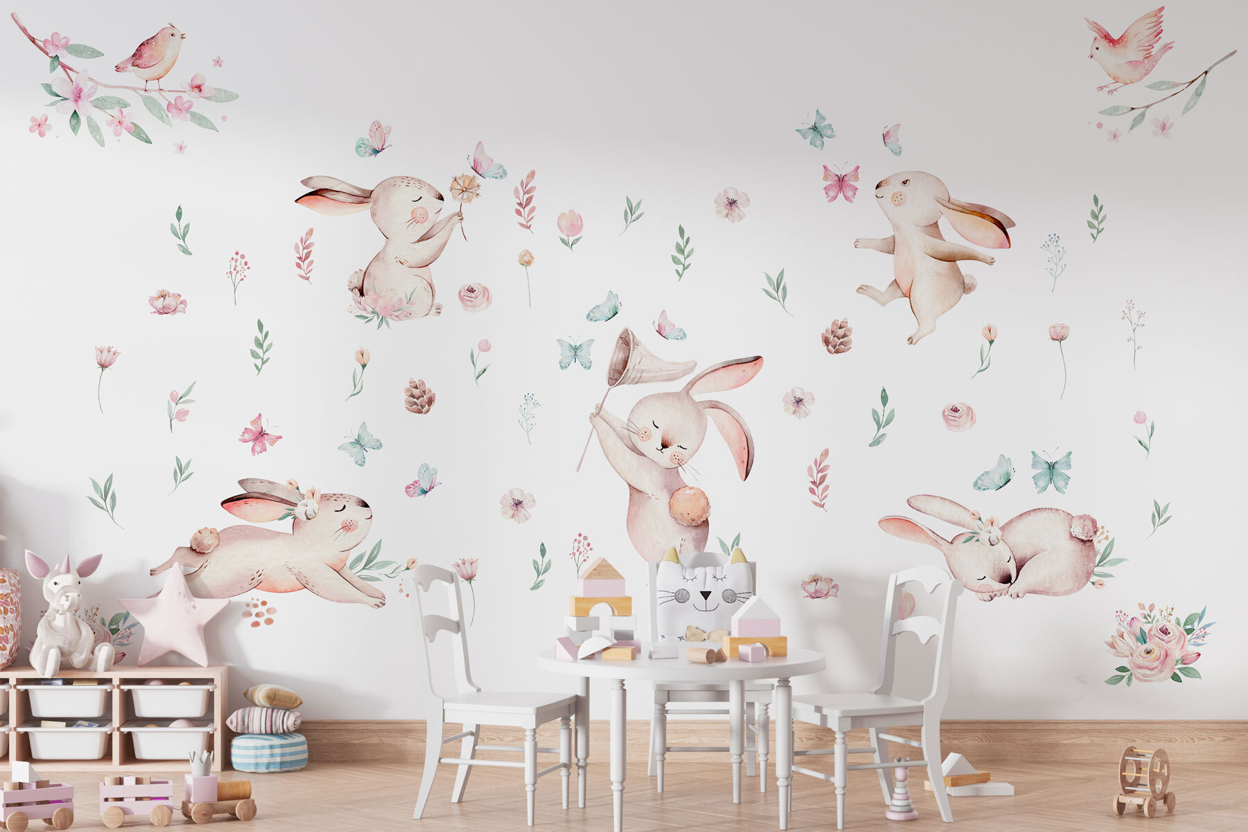 Group of rabbits with flowers and butterflies