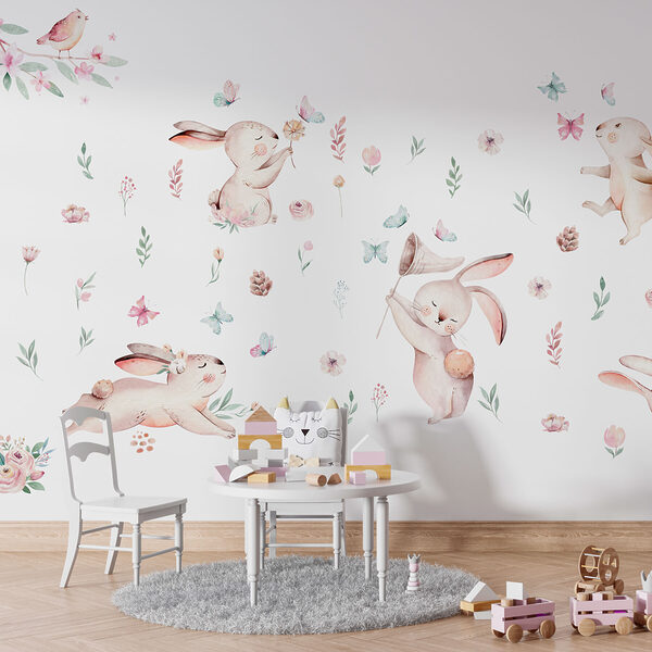 Groep konijnen met bloemen en vlinders Groep konijnen met bloemen en vlinders