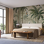 Fotobehang Muurschildering van vogels vliegend over een bos