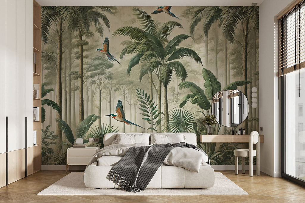 Mural of birds flying over a forest