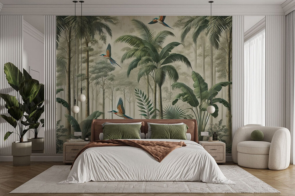 Mural of birds flying over a forest