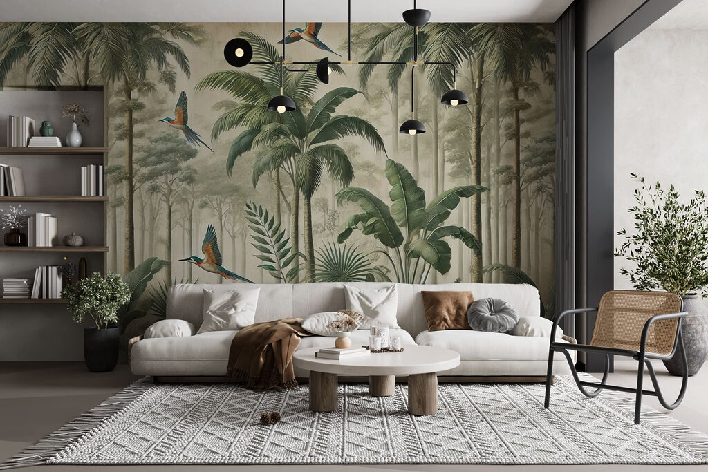 Mural of birds flying over a forest