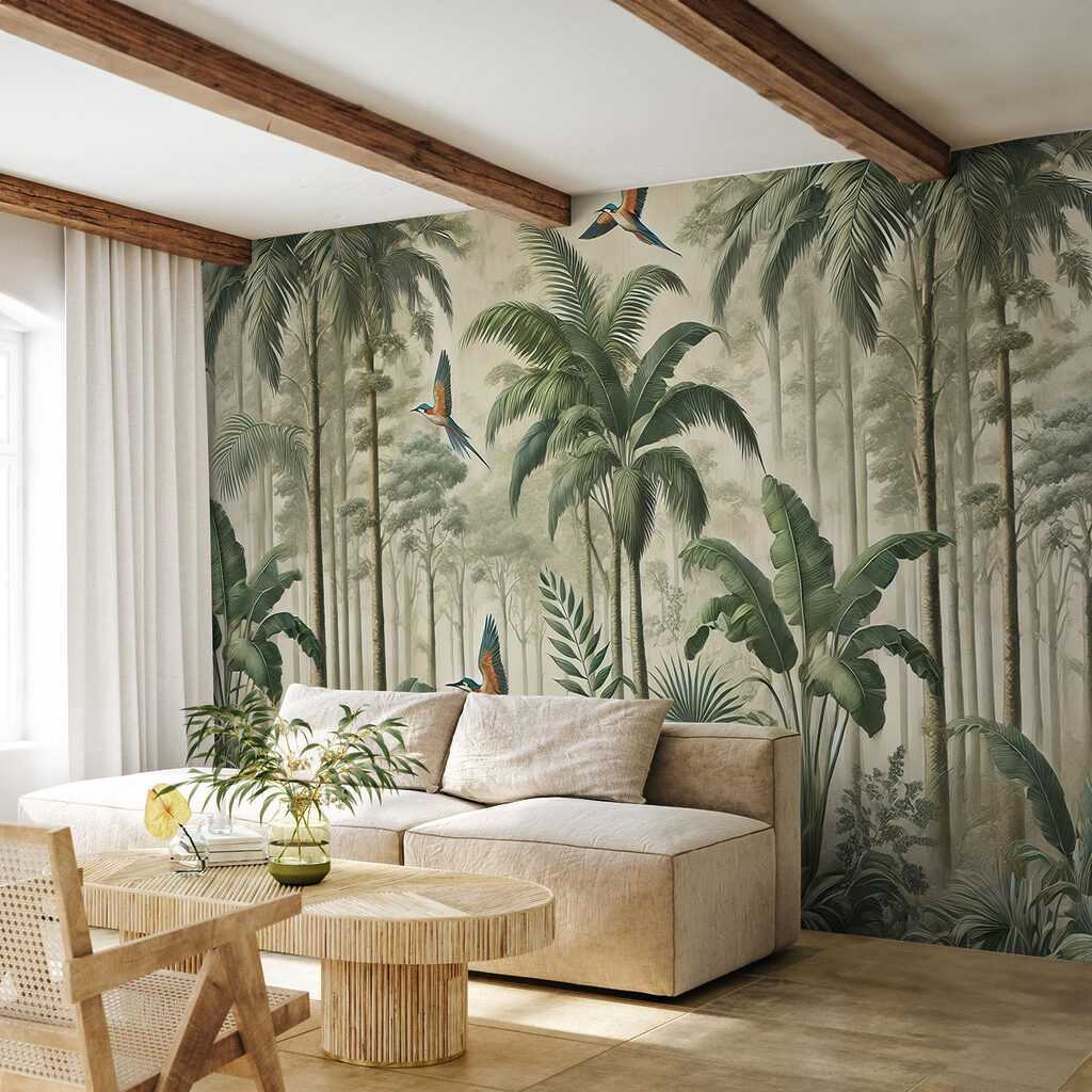 Mural of birds flying over a forest