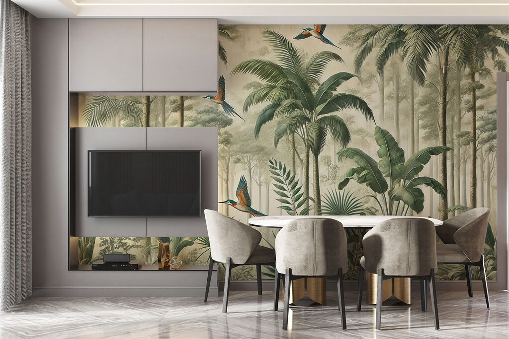 Mural of birds flying over a forest