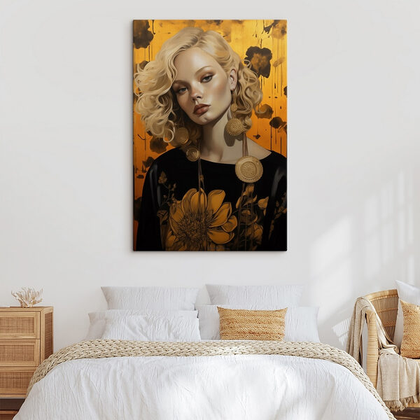 Vrouw met krullend blond haar en grote oorbellen Vrouw met krullend blond haar en grote oorbellen
