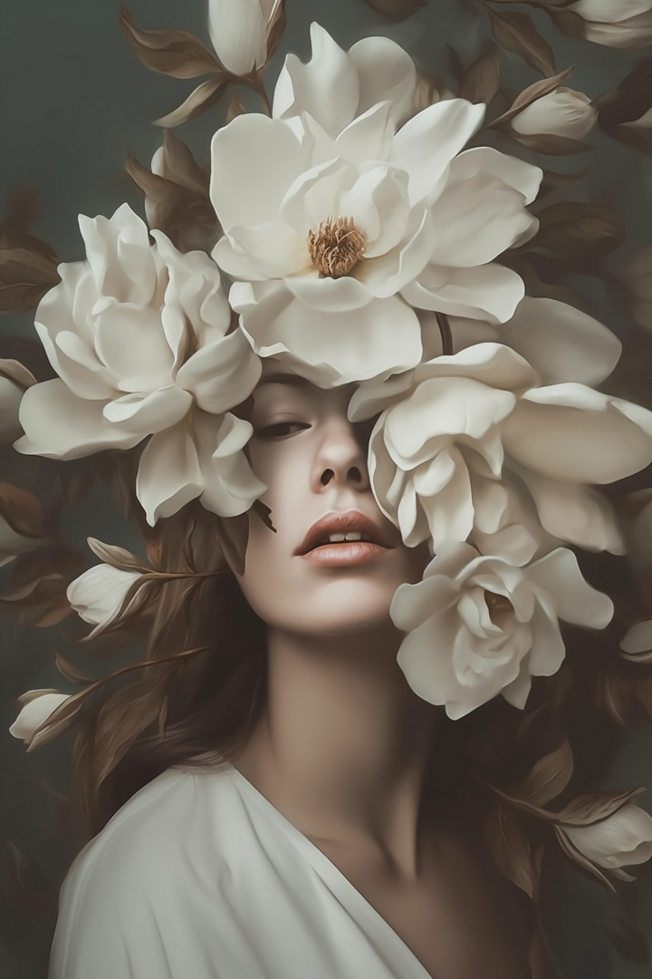 Vrouw met bloemen rond haar gezicht