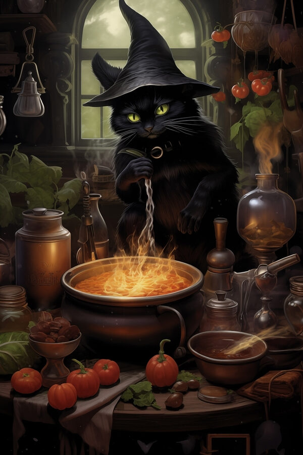 Kat met mensenhoed die een pot eten kookt Kat met mensenhoed die een pot eten kookt