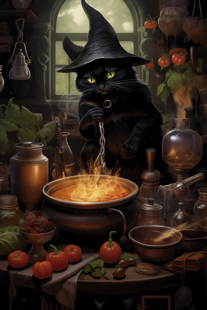 Kat met mensenhoed die een pot eten kookt