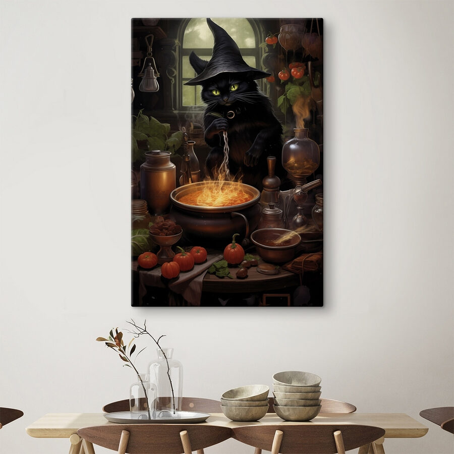 Kat met mensenhoed die een pot eten kookt