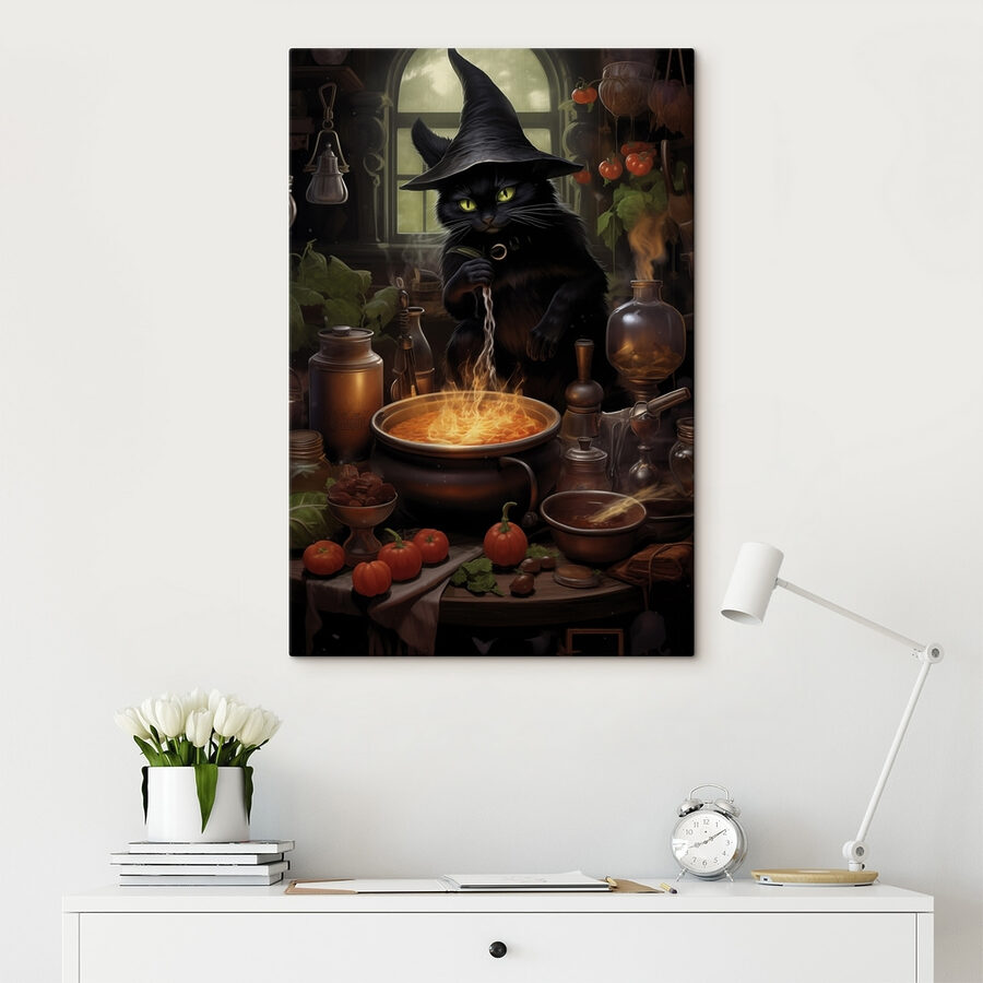 Kat met mensenhoed die een pot eten kookt