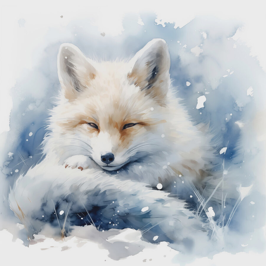 Aquarel van een vos liggend in de sneeuw