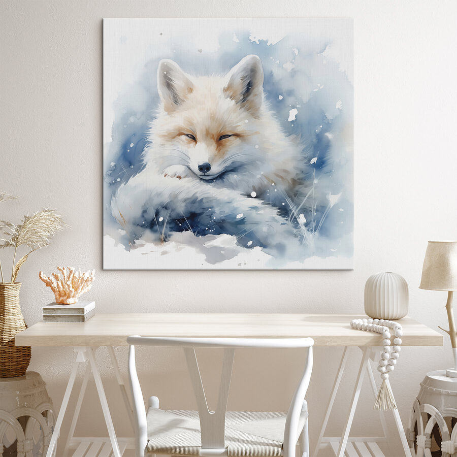 Aquarel van een vos liggend in de sneeuw