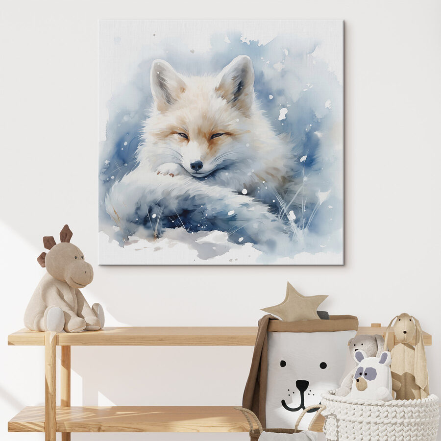 Aquarel van een vos liggend in de sneeuw