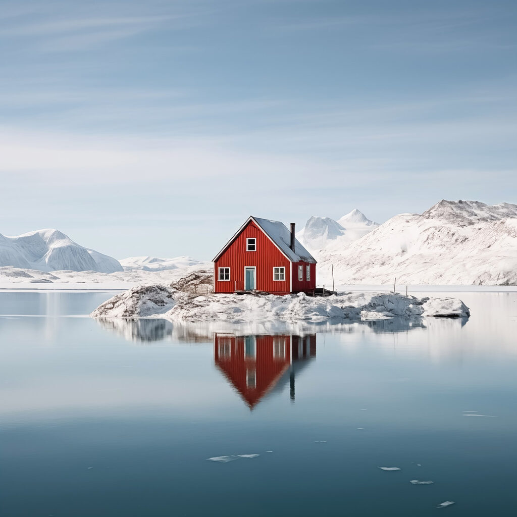 Red house on an island in water with snow covered mountains in the background