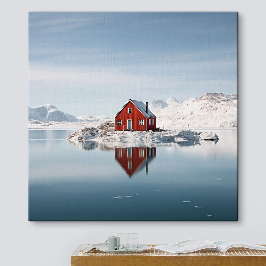 Rood huis op een eiland in water met besneeuwde bergen op de achtergrond