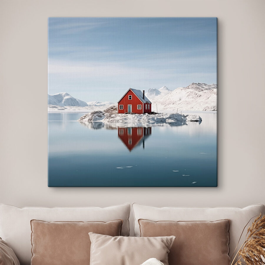Rood huis op een eiland in water met besneeuwde bergen op de achtergrond