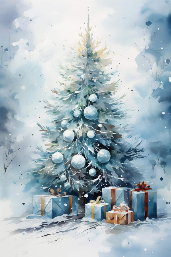 Aquarel van een kerstboom met cadeautjes Aquarel van een kerstboom met cadeautjes